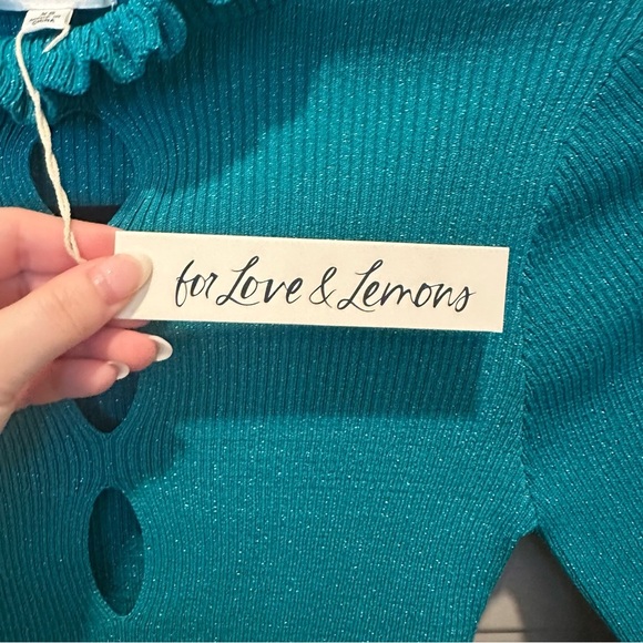 NWT For Love & Lemons Lorelei Cropped Ruffle Sweater Size Extra Small XS Teal - Picture 8 of 8